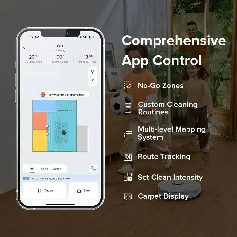 High-capacity robot vacuum and mop with self-emptying dock, 60-day dust storage, auto mopping, and smart carpet detection.
