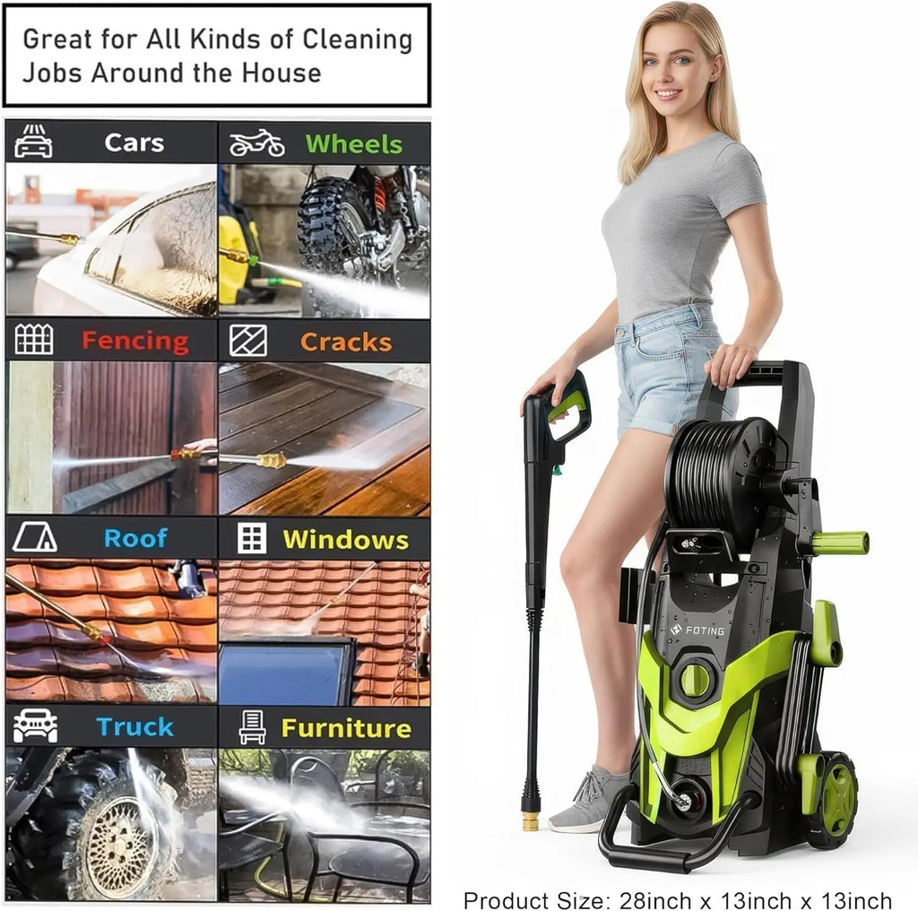 Pressure Power Washer 4800 PSI de alta potencia con 4 boquillas de conexión rápida, manguera de entrada con filtro y cañón de espuma. Ideal para limpiar autos, cercas, entradas, patios y exteriores del hogar con máxima eficiencia.