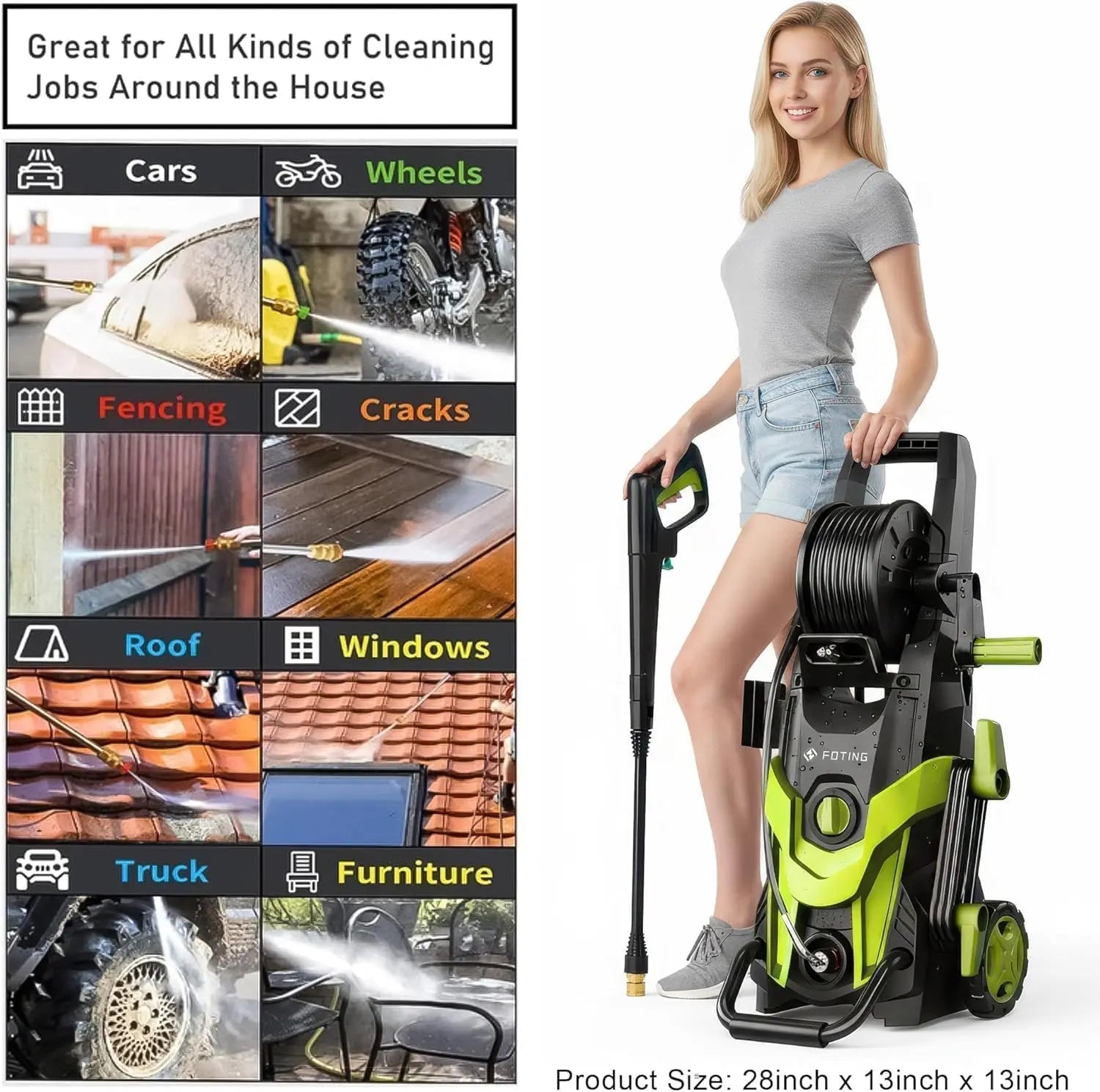 Pressure Power Washer 4800 PSI de alta potencia con 4 boquillas de conexión rápida, manguera de entrada con filtro y cañón de espuma. Ideal para limpiar autos, cercas, entradas, patios y exteriores del hogar con máxima eficiencia.