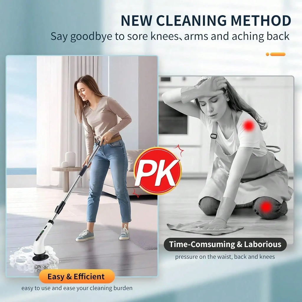 Rechargeable electric rotary scrubber with 9 brush heads, 2 speeds, adjustable handle, and waterproof design for easy cleaning.