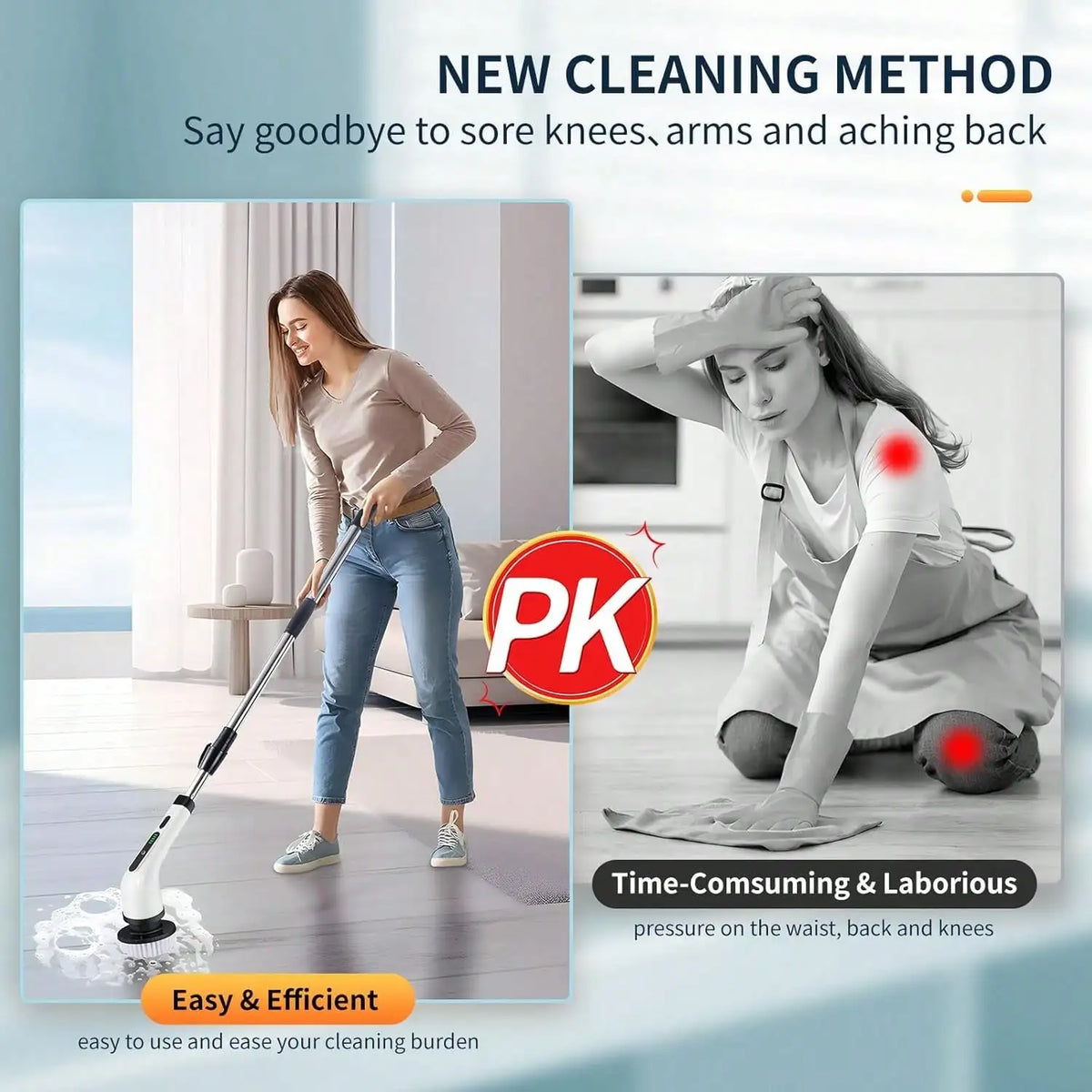 Rechargeable electric rotary scrubber with 9 brush heads, 2 speeds, adjustable handle, and waterproof design for easy cleaning.