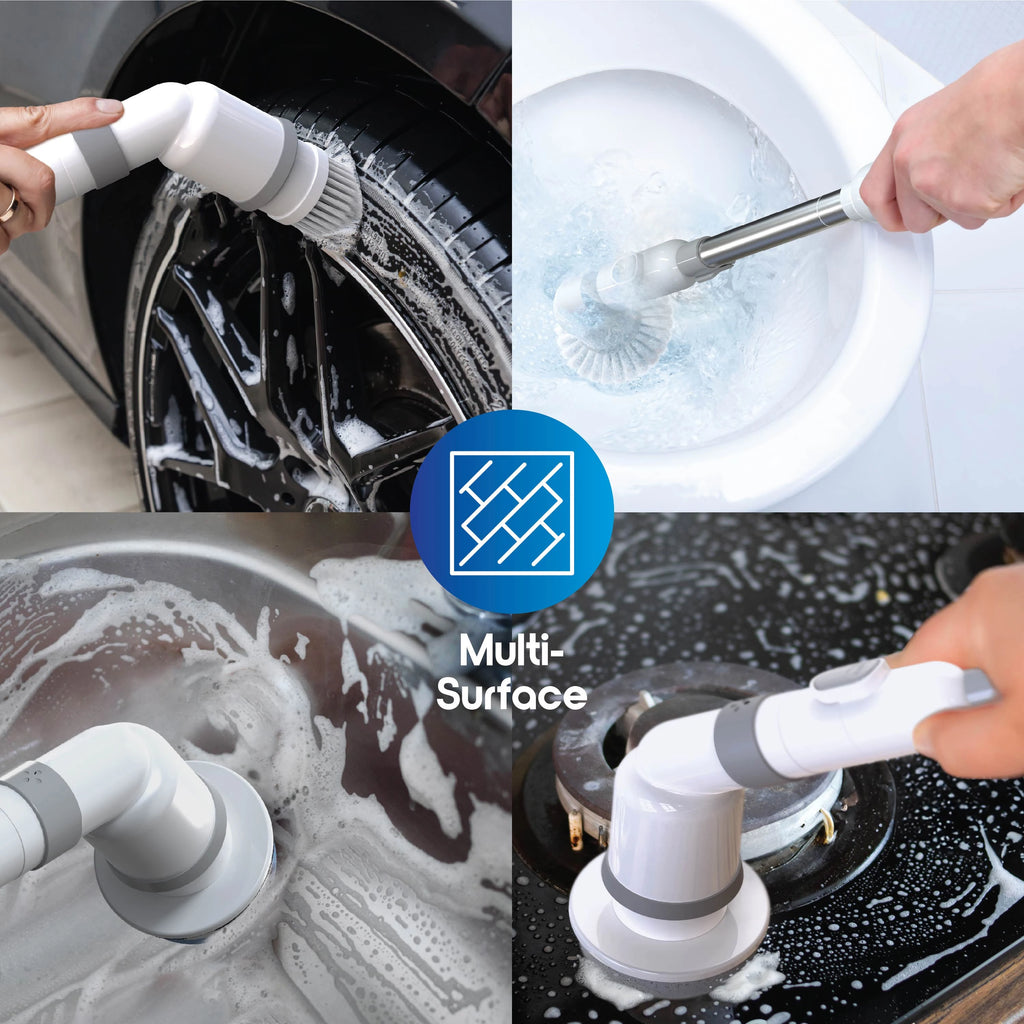 Cordless electric spin scrubber with 9 brush heads, 2 speeds, adjustable handle, and waterproof design.