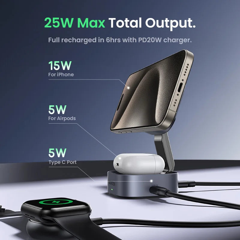 UGREEN 15W 2-in-1 magnetic wireless charger for fast and convenient charging of iPhone and AirPods.