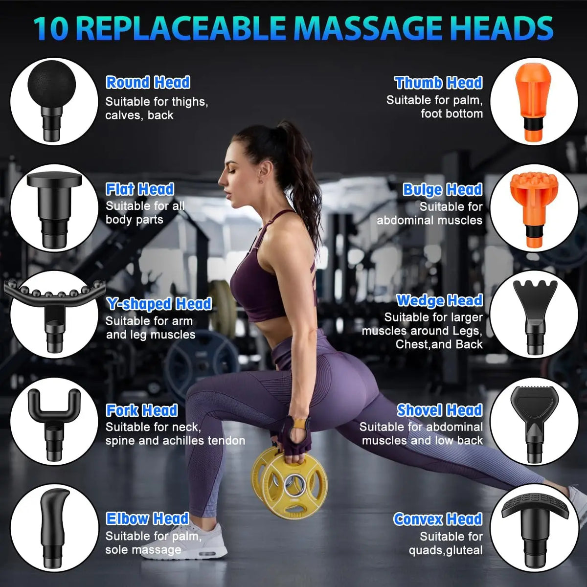 Deep tissue massage gun with 10 massage heads and a quiet motor, ideal for muscle relaxation and recovery.