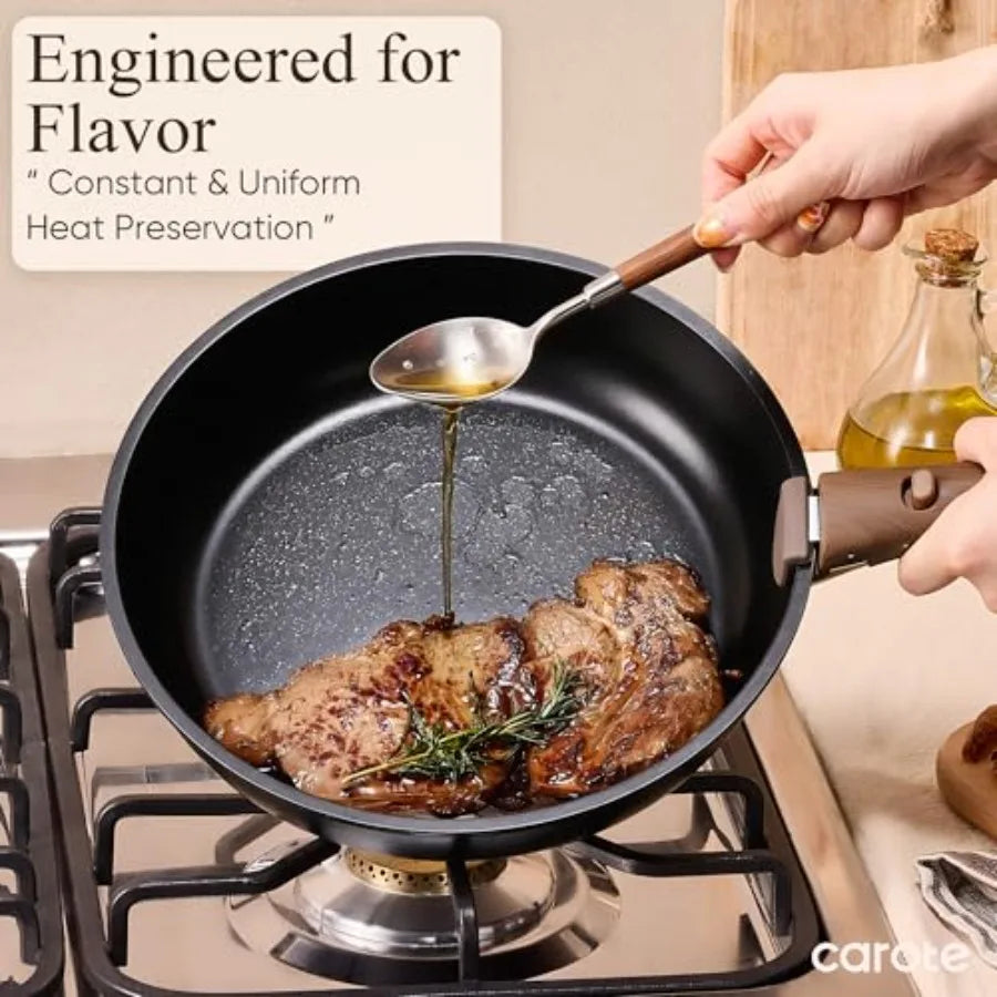 Nonstick Cookware Set with detachable handles for easy storage and versatile cooking. Compatible with induction, oven-safe, and dishwasher-safe for everyday convenience.