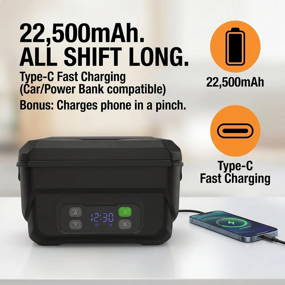 Portable 1500ML electric lunch box with USB charging, display screen, and timer for convenient food heating anywhere.
