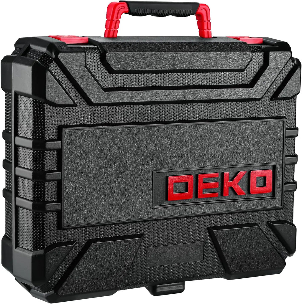 DEKO Kit de Herramientas de 126 piezas con taladro inalámbrico de 8V. Incluye herramientas esenciales para reparaciones y proyectos del hogar, con un diseño compacto y práctico, ideal para uso doméstico y bricolaje.