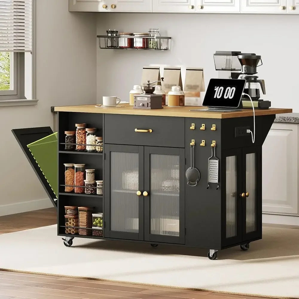 Functional kitchen island with drop leaf, rolling wheels, storage drawers, trash bin, and open shelves. Perfect for extra storage, prep space, or casual dining.
