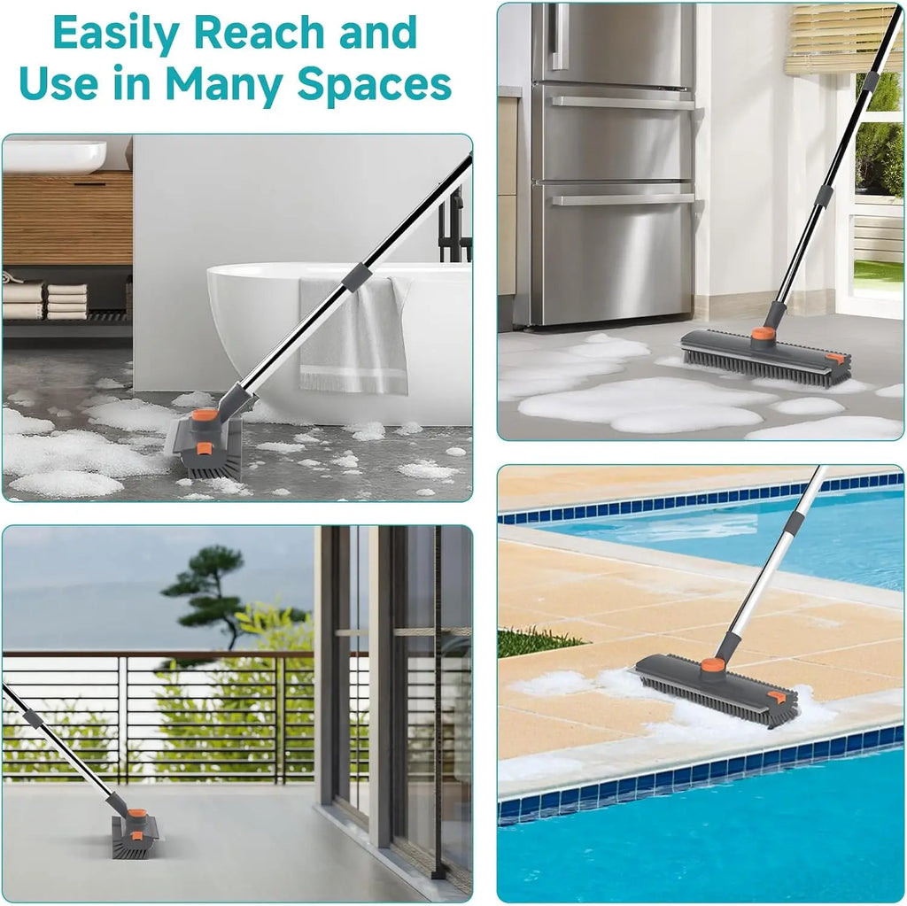 3-in-1 Floor Scrub Brush with Long Handle Adjustable, Heavy-Duty Stiff Bristle Scrubber with Squeegee for Bathroom Kitchen Tile