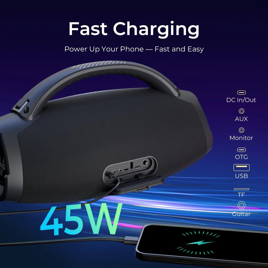 Portable 140W Bluetooth speaker with powerful bass, IPX7 waterproof protection, and a convenient carrying strap.