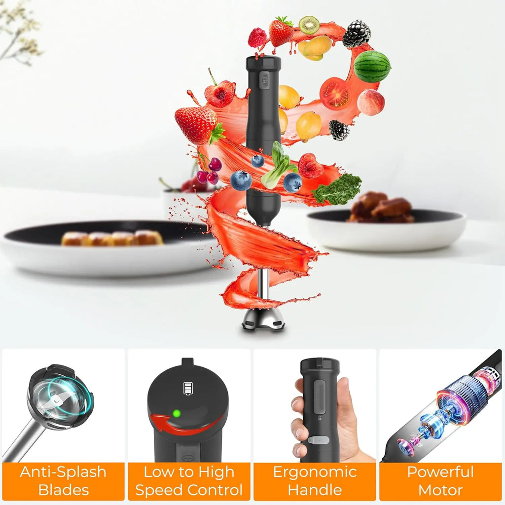 Rechargeable 6-in-1 Cordless Hand Blender Set
Ditch the cord. This heavy-duty immersion blender features variable speeds and a full suite of attachments (whisk, chopper, beaker, and beaters) for ultimate kitchen versatility.