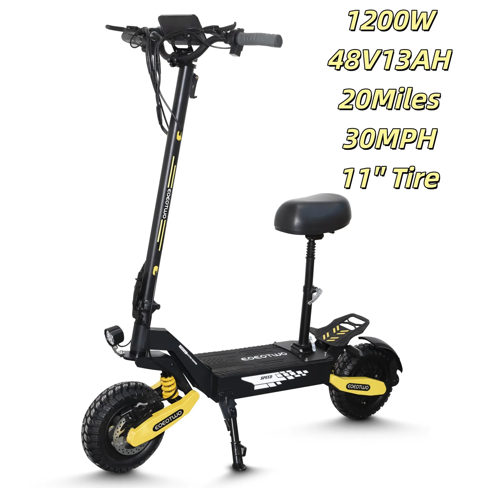 EOEOTWO 1200W Foldable Off-Road E-Scooter
Hit the trails at 30 MPH. This high-speed adult scooter packs a 48V long-range battery and rugged 11-inch tubeless tires into a durable, folding frame.