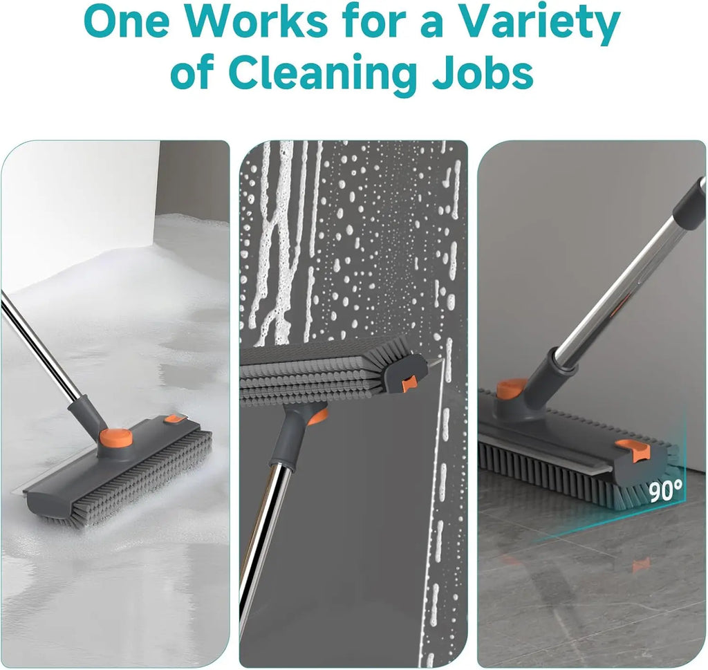 3-in-1 Floor Scrub Brush with Long Handle Adjustable, Heavy-Duty Stiff Bristle Scrubber with Squeegee for Bathroom Kitchen Tile