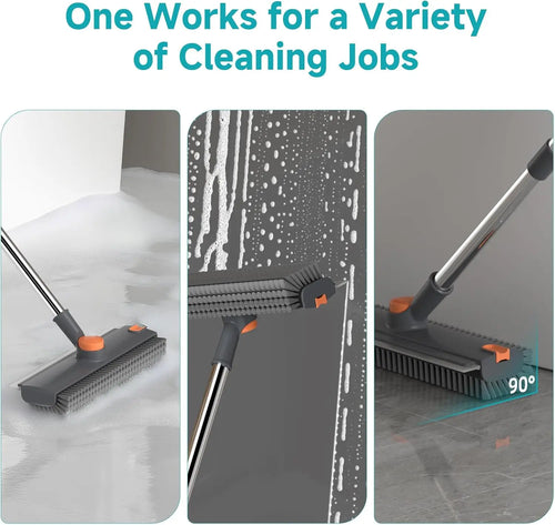 3-in-1 Floor Scrub Brush with Long Handle Adjustable, Heavy-Duty Stiff Bristle Scrubber with Squeegee for Bathroom Kitchen Tile