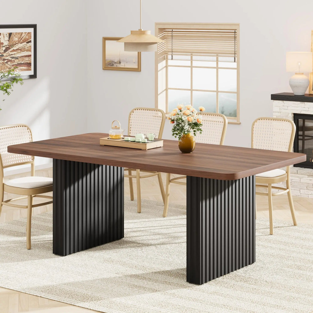 71" Modern Wooden Dining Table with Fluted Metal Legs
A stunning blend of rustic and industrial design. This spacious farmhouse table comfortably seats up to 8 people, making it the perfect centerpiece for your dining room or workspace.