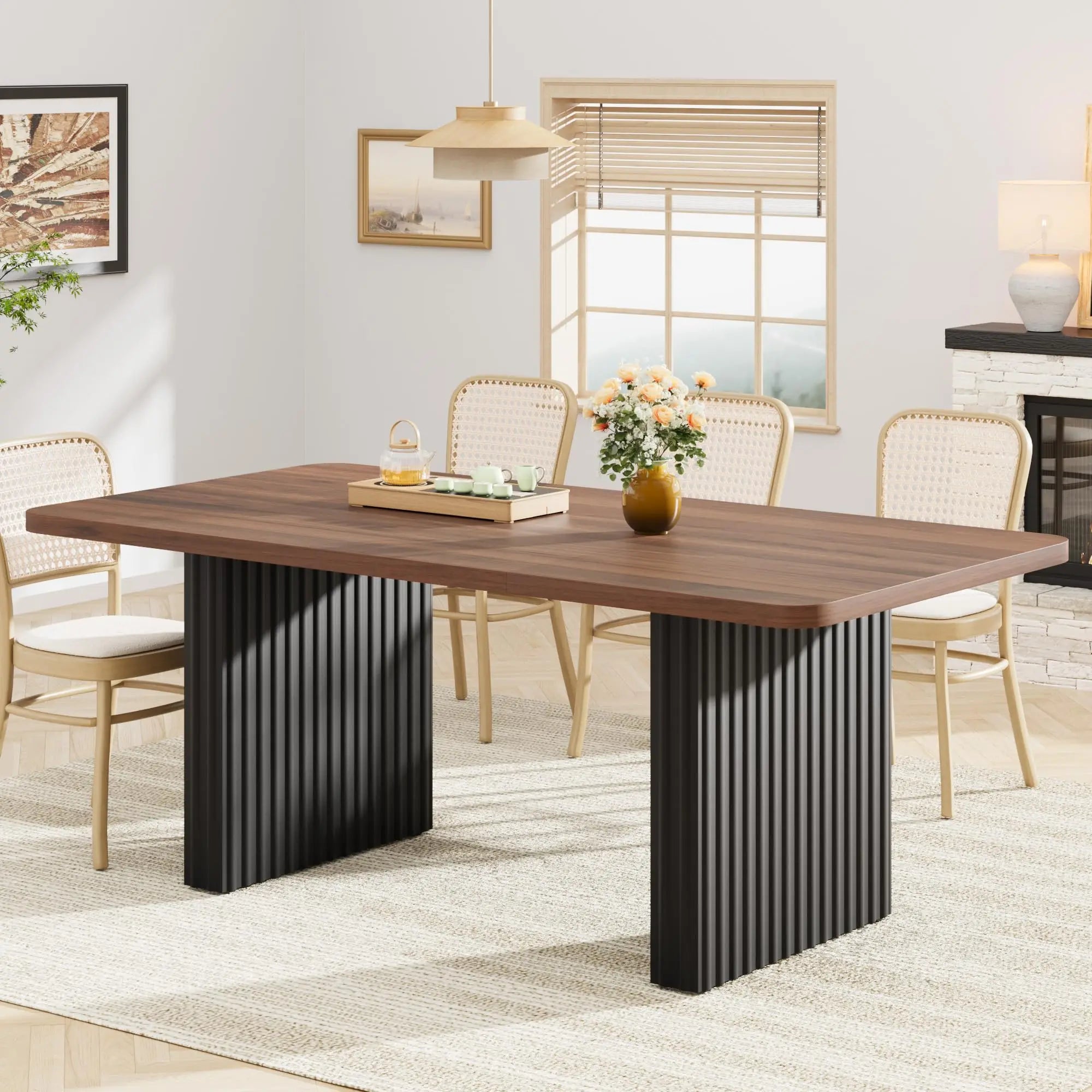 71" Modern Wooden Dining Table with Fluted Metal Legs
A stunning blend of rustic and industrial design. This spacious farmhouse table comfortably seats up to 8 people, making it the perfect centerpiece for your dining room or workspace.