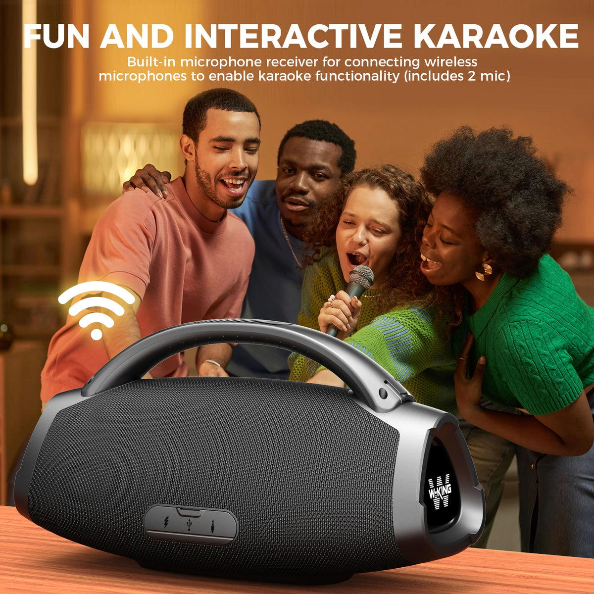 Portable 140W Bluetooth speaker with powerful bass, IPX7 waterproof protection, and a convenient carrying strap.