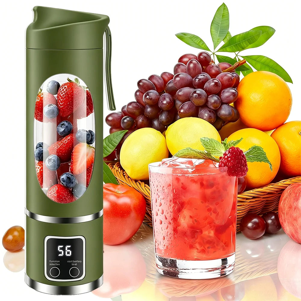 Portable 450ml Juicer Blender with 12 stainless steel blades, 3 blending speeds, USB rechargeable battery, and digital display. Perfect for smoothies, shakes, and fresh juice at home, work, travel, or the gym.