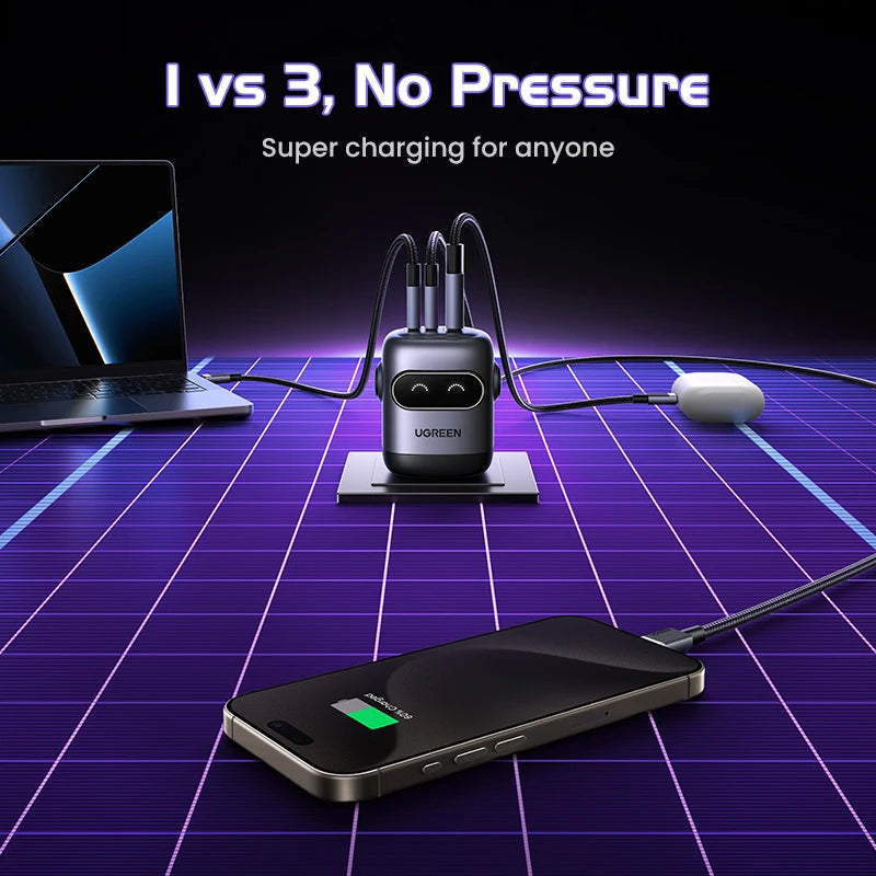 Compact UGREEN GaN fast charger with up to 100W 65W 30W power, designed for phones, tablets, and laptops.