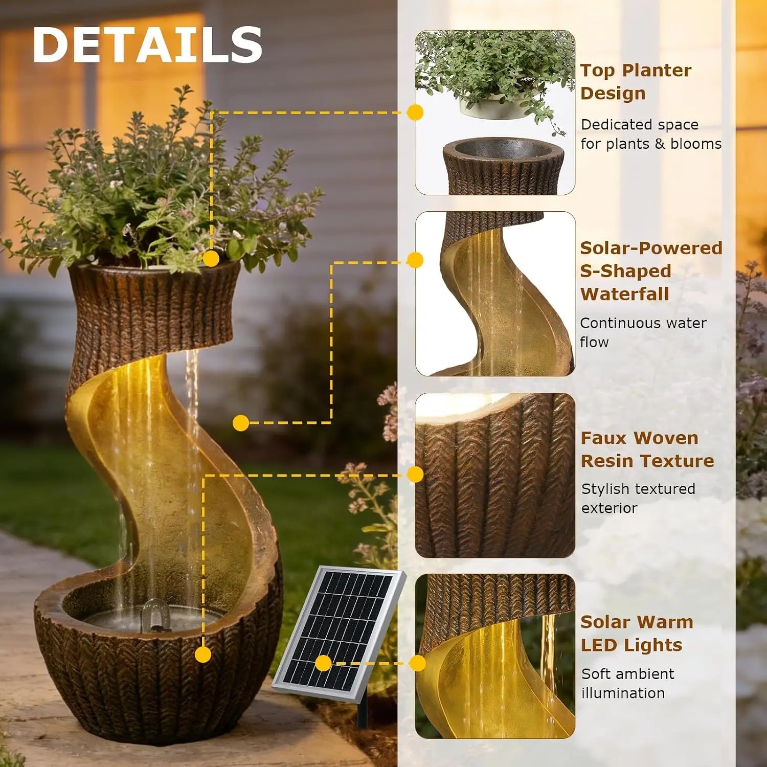 26.77" Solar Outdoor Water Fountain – Modern Waterfall with LED Lights & Planter Bowl
