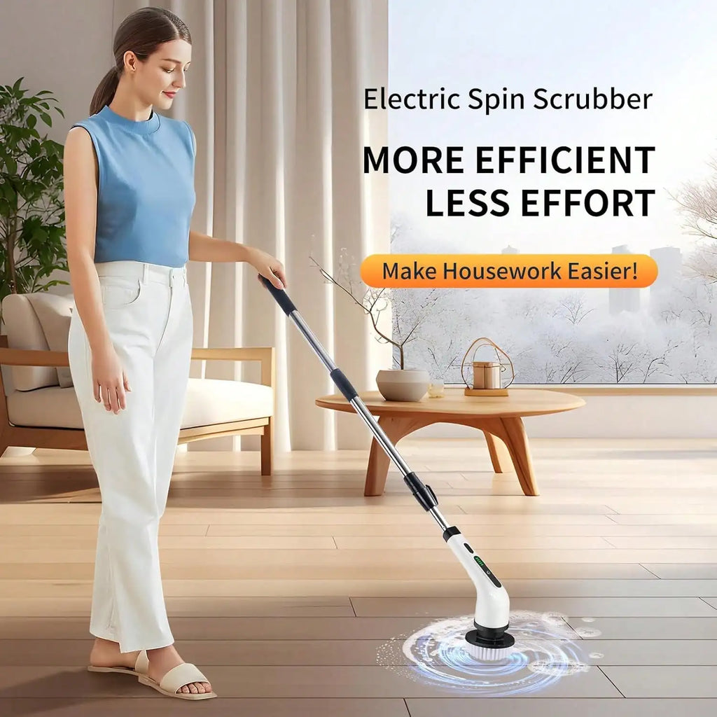Rechargeable electric rotary scrubber with 9 brush heads, 2 speeds, adjustable handle, and waterproof design for easy cleaning.