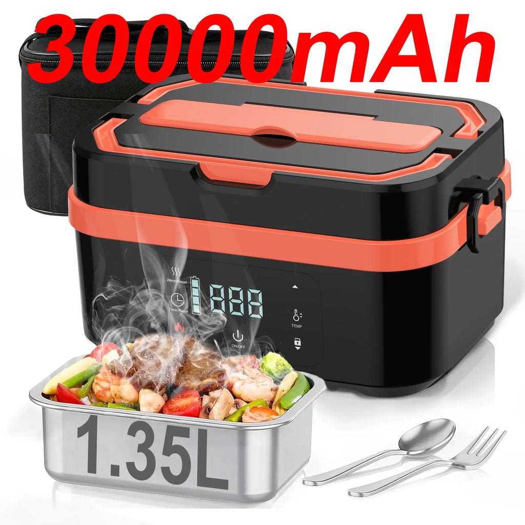Cordless Heated Lunch Box Pro with a 30,000mAh rechargeable battery, 100W fast heating, and smart temperature control up to 221°F. Includes an insulated bag, perfect for work, travel, and camping.
