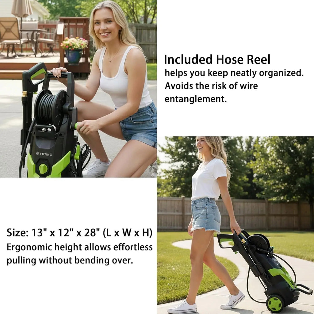 Pressure Power Washer 4800 PSI de alta potencia con 4 boquillas de conexión rápida, manguera de entrada con filtro y cañón de espuma. Ideal para limpiar autos, cercas, entradas, patios y exteriores del hogar con máxima eficiencia.