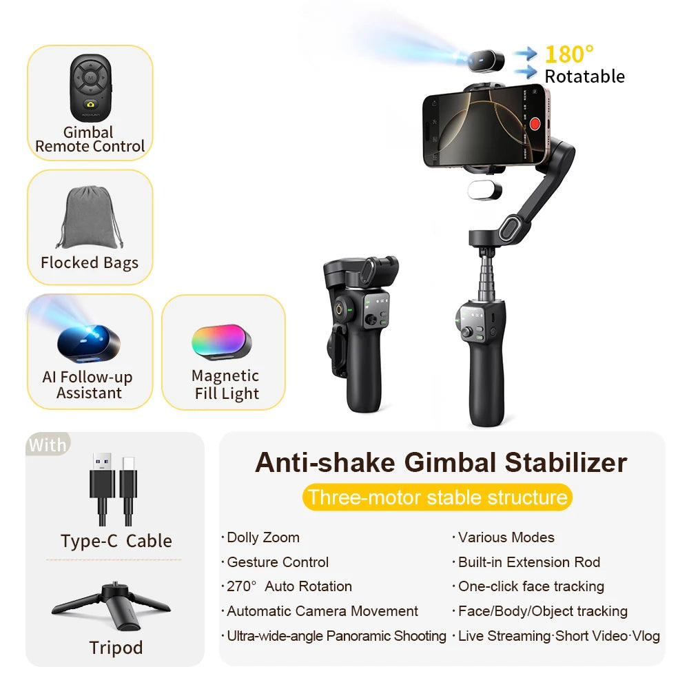 AOCHUAN 3-Axis Phone Gimbal Stabilizer with Extension Rod & Face Tracking
