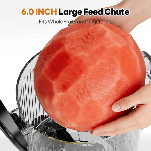3-in-1 Cold Press Juicer for fresh juice, nut milk, and sorbet. Features a 6-inch extra-large feed chute, filter-free design, high juice yield, and easy cleaning.