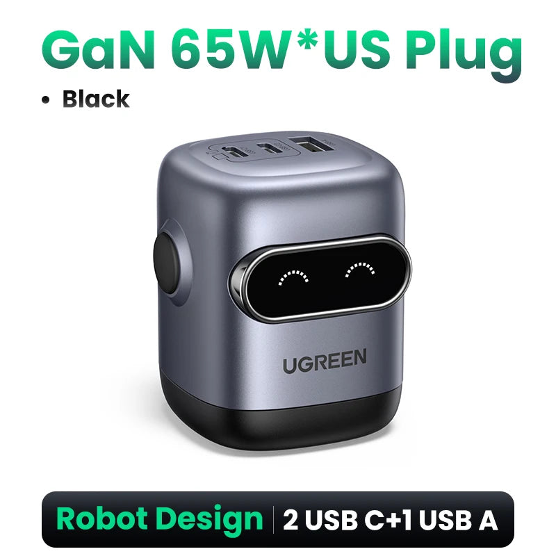 Compact UGREEN GaN fast charger with up to 100W 65W 30W power, designed for phones, tablets, and laptops.