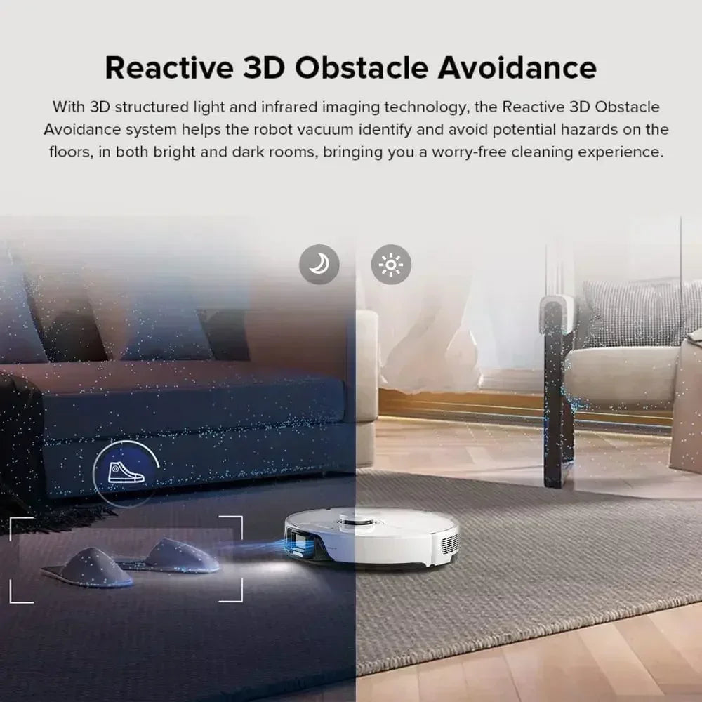 High-capacity robot vacuum and mop with self-emptying dock, 60-day dust storage, auto mopping, and smart carpet detection.