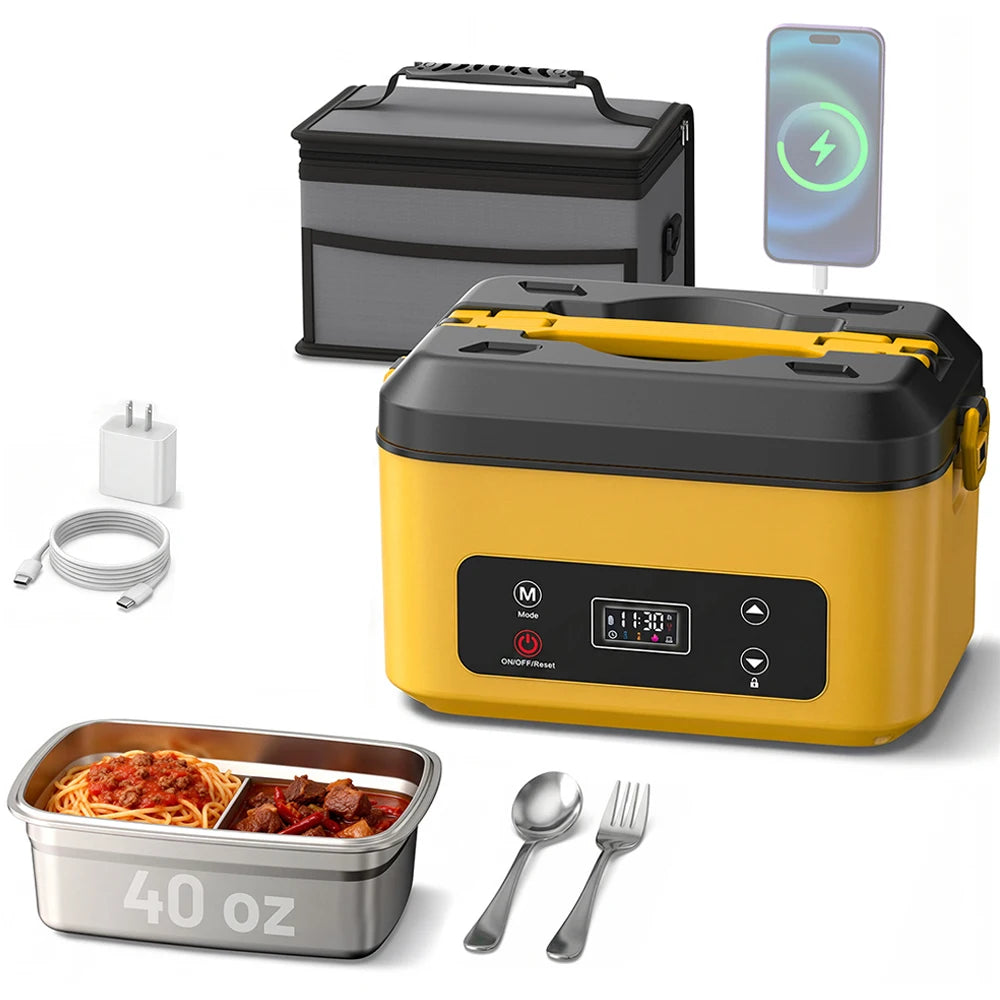 Portable heated lunch box with a 40oz stainless steel container, leakproof design, and built-in power bank for work, school, or travel.
