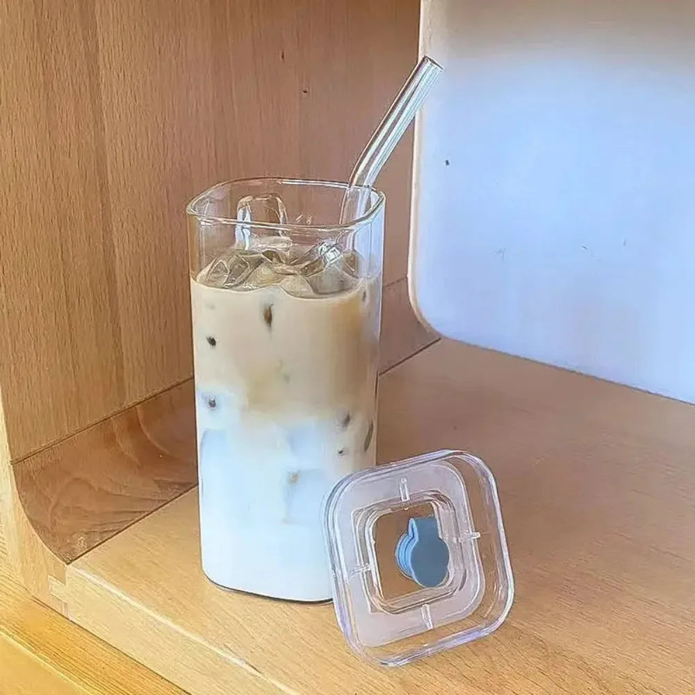 Square Glass Coffee Cup with Lid & Straw – Heat Resistant