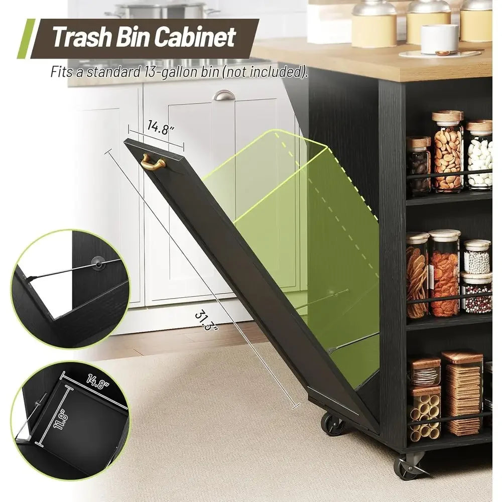 Functional kitchen island with drop leaf, rolling wheels, storage drawers, trash bin, and open shelves. Perfect for extra storage, prep space, or casual dining.