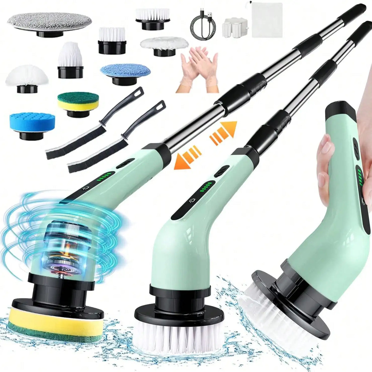 Rechargeable electric rotary scrubber with 9 brush heads, 2 speeds, adjustable handle, and waterproof design for easy cleaning.