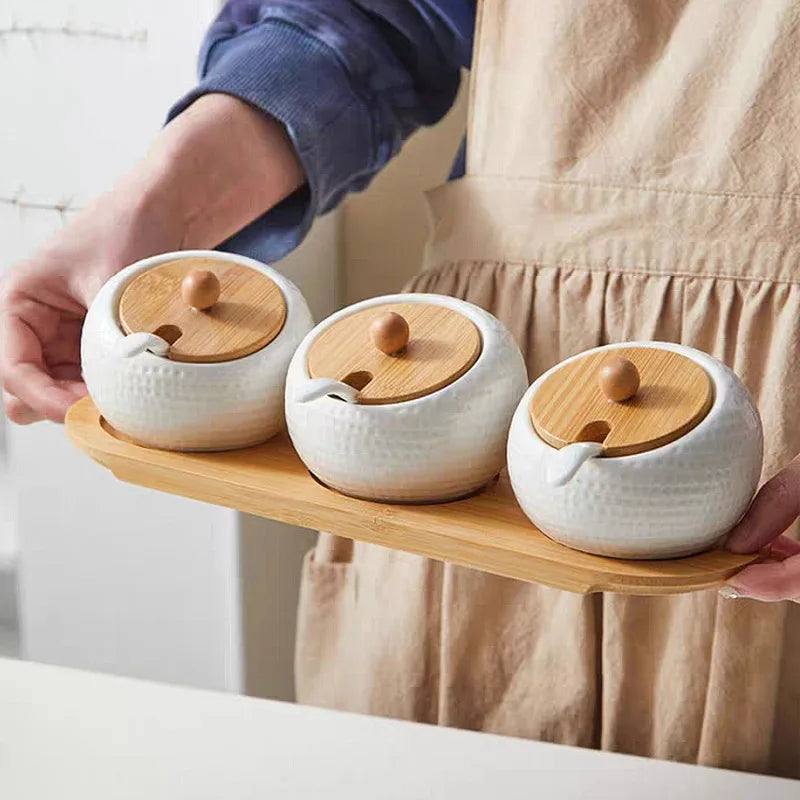 Ceramic Seasoning Jar Set with Lids & Spoons