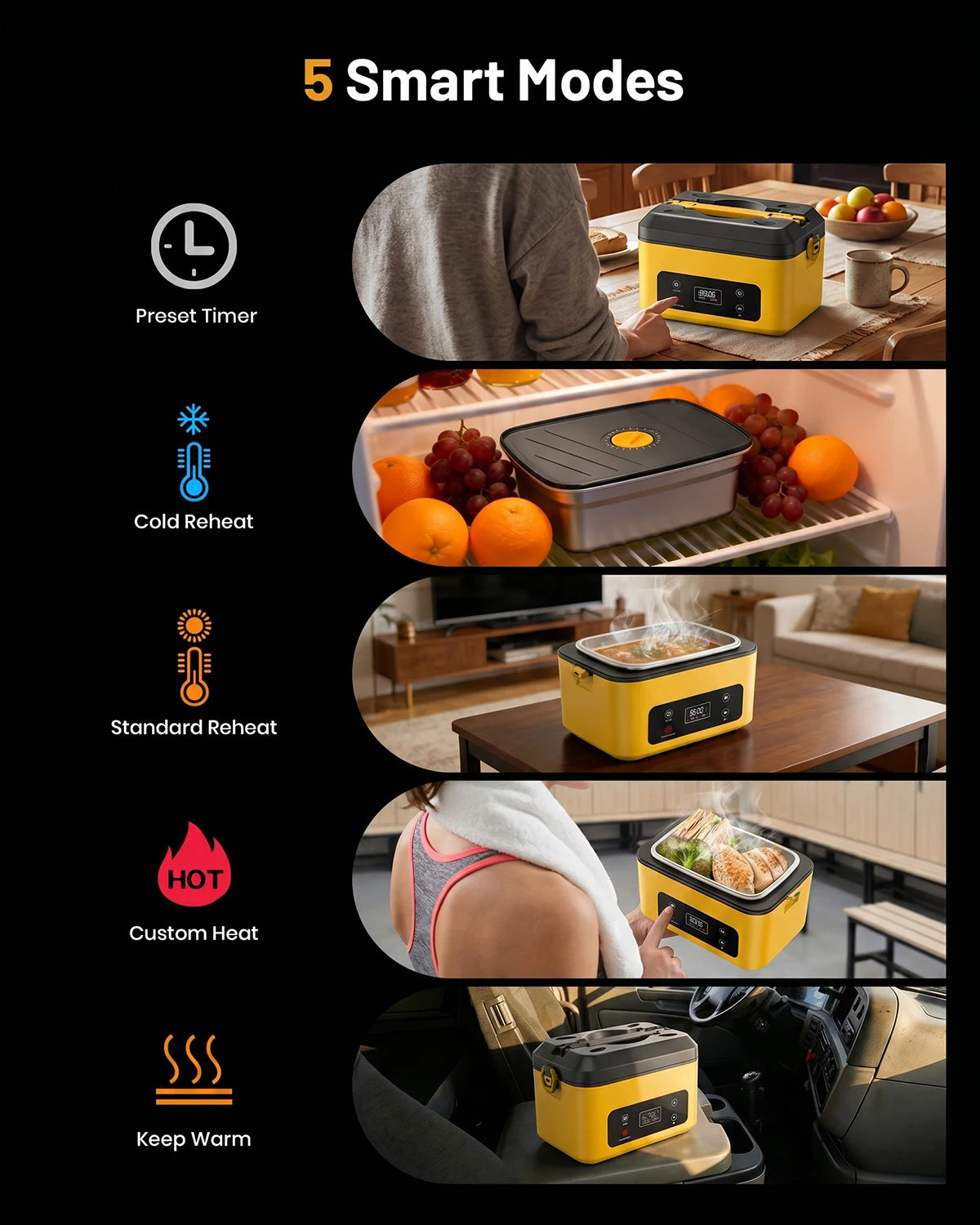 Portable heated lunch box with a 40oz stainless steel container, leakproof design, and built-in power bank for work, school, or travel.