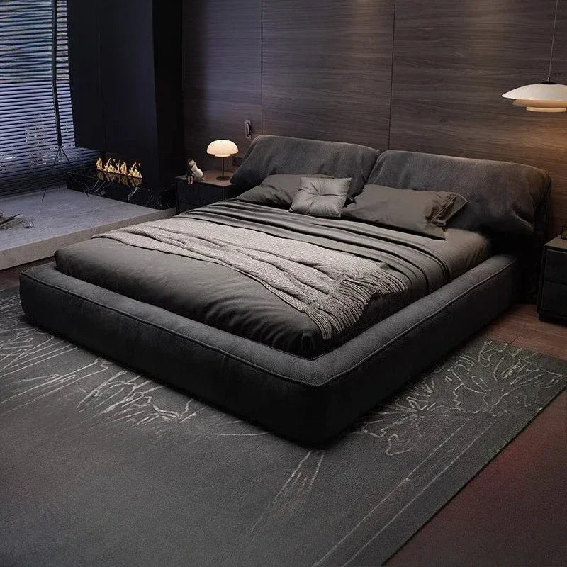 Modern Upholstered Queen Bed Frame – Cream & Black Coffee Soft Fabric Platform Bed