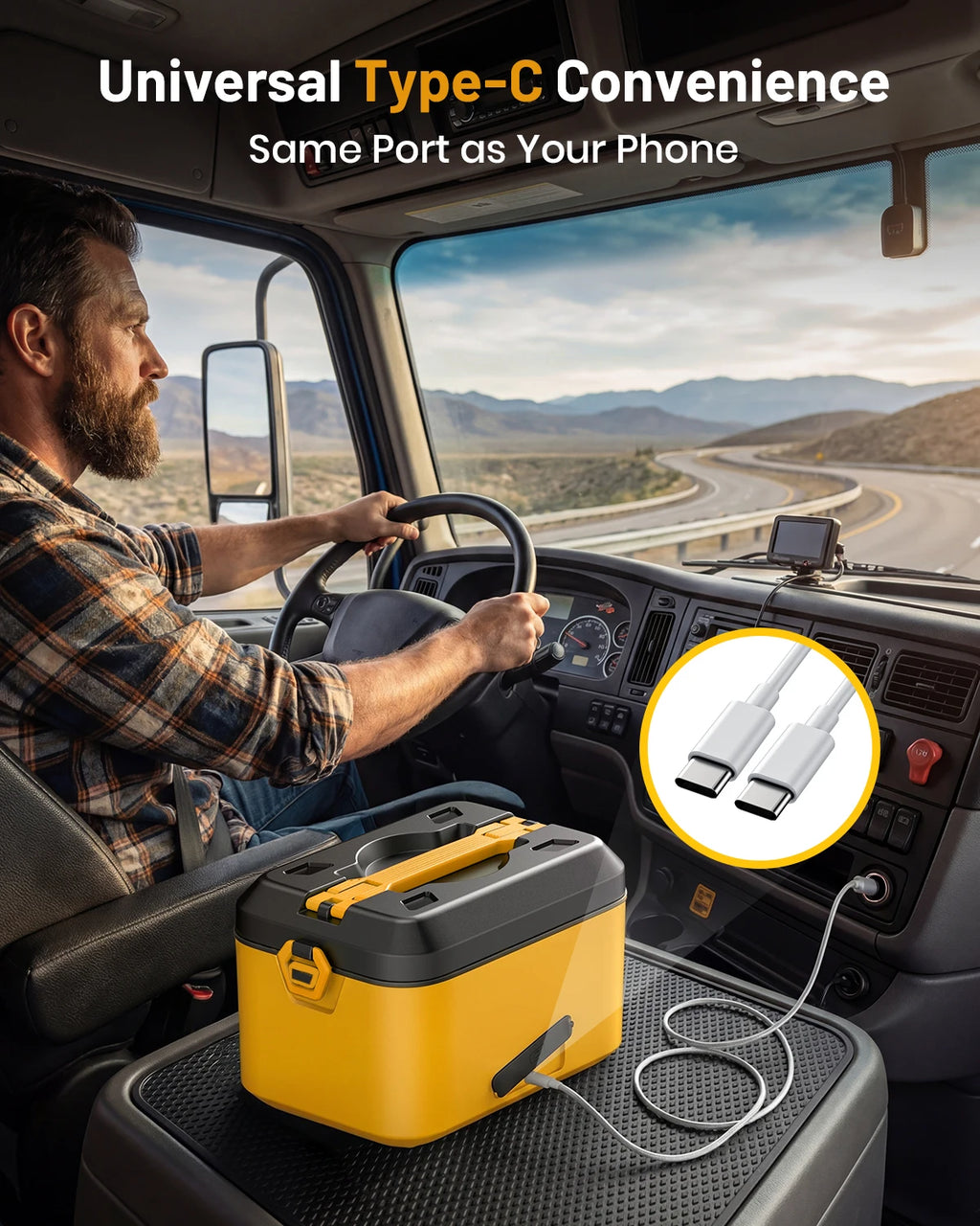 Portable heated lunch box with a 40oz stainless steel container, leakproof design, and built-in power bank for work, school, or travel.