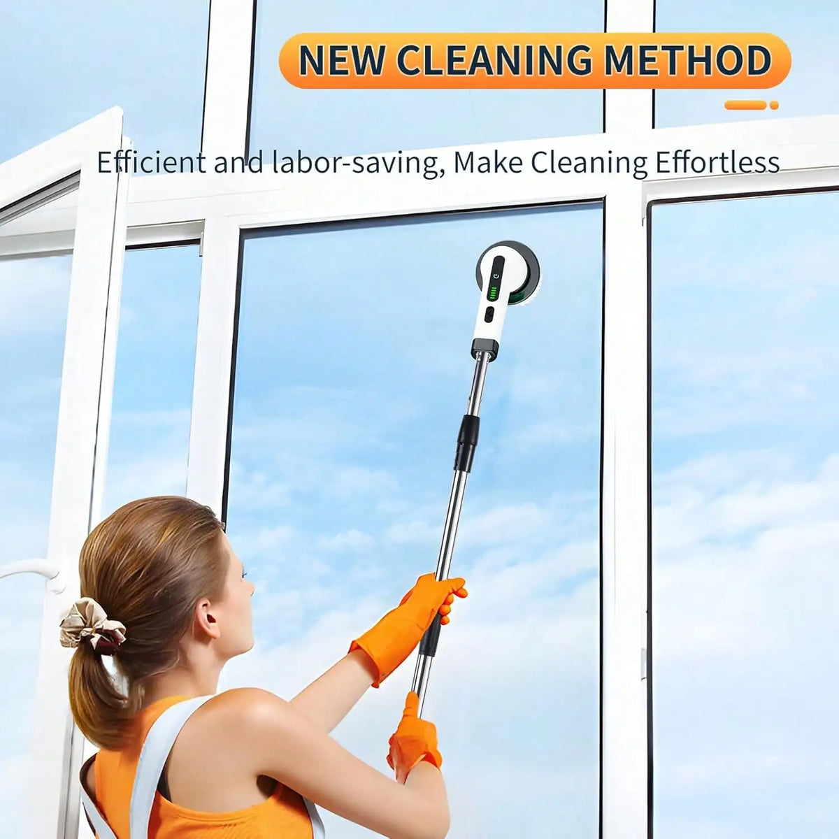 Rechargeable electric rotary scrubber with 9 brush heads, 2 speeds, adjustable handle, and waterproof design for easy cleaning.