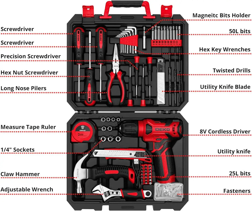 DEKO Kit de Herramientas de 126 piezas con taladro inalámbrico de 8V. Incluye herramientas esenciales para reparaciones y proyectos del hogar, con un diseño compacto y práctico, ideal para uso doméstico y bricolaje.