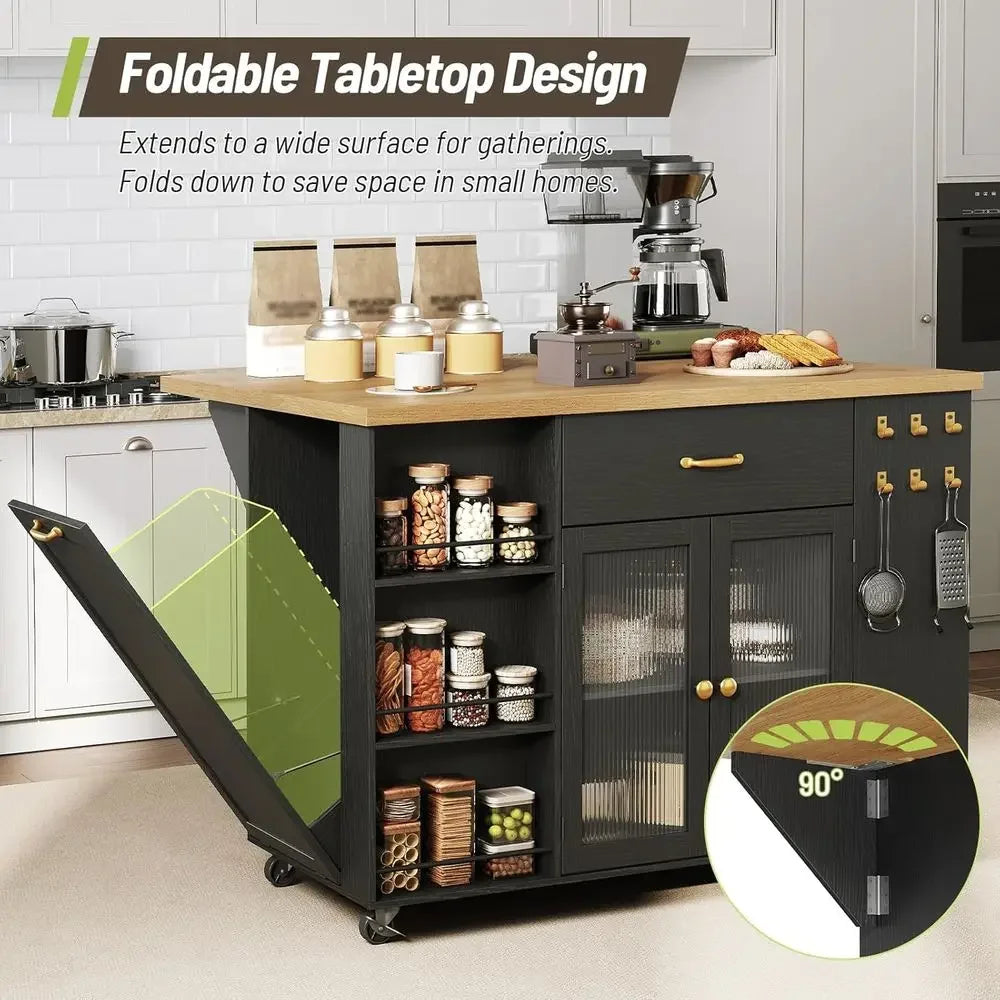 Functional kitchen island with drop leaf, rolling wheels, storage drawers, trash bin, and open shelves. Perfect for extra storage, prep space, or casual dining.