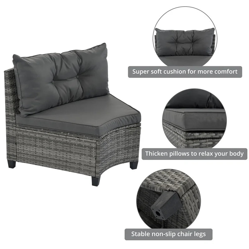 8-Piece Outdoor Wicker Round Sofa Set with Half-Moon Sectional, All-Weather PE Rattan, Curved Layout, Rectangular Coffee Table, Movable Gray Cushions
