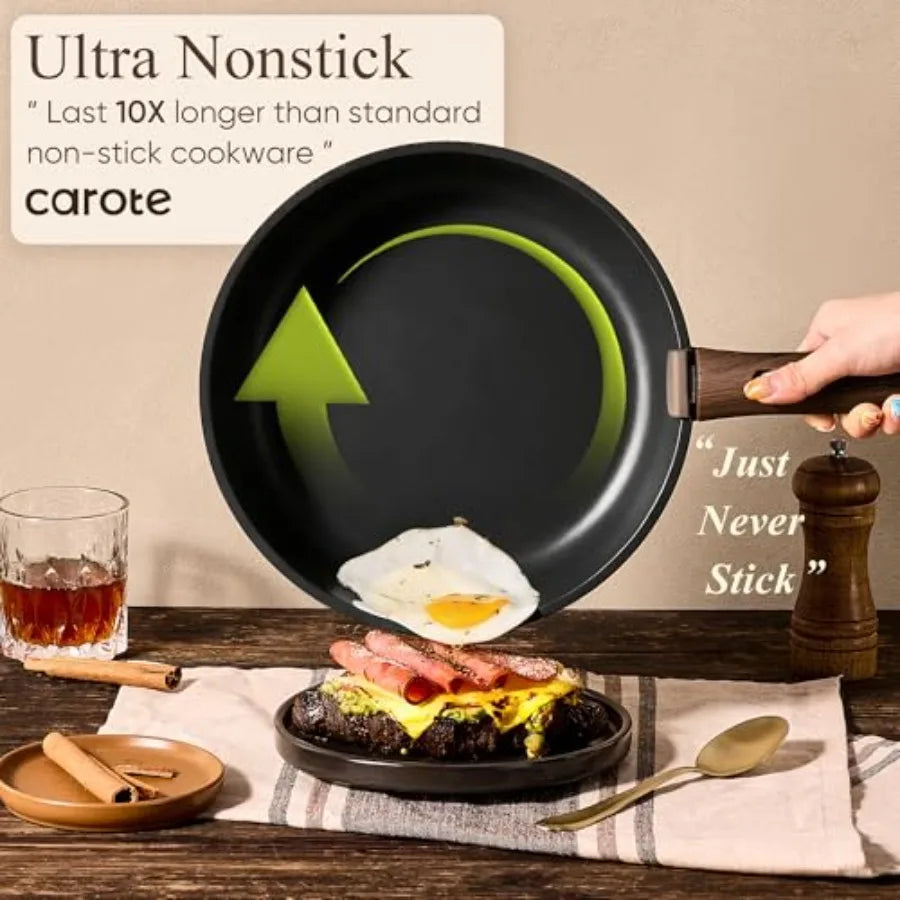 Nonstick Cookware Set with detachable handles for easy storage and versatile cooking. Compatible with induction, oven-safe, and dishwasher-safe for everyday convenience.