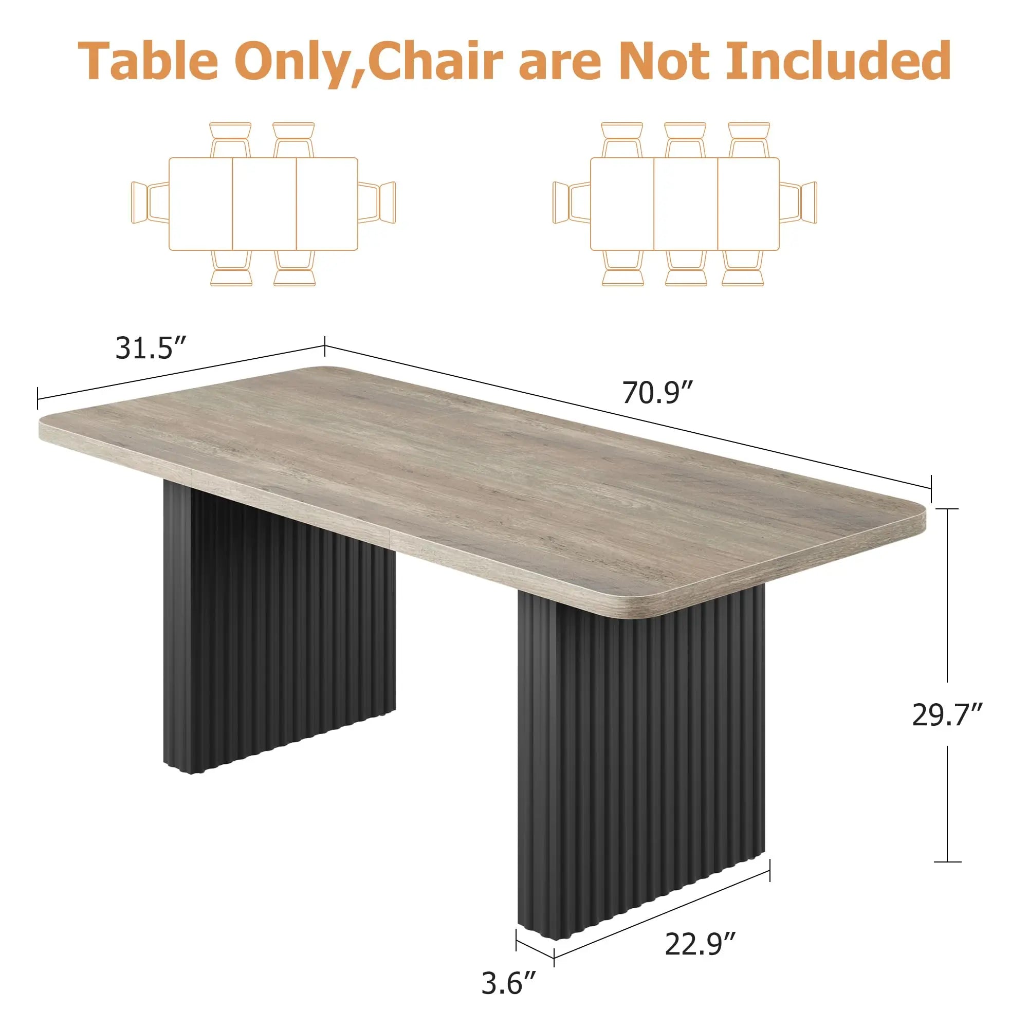 71" Modern Wooden Dining Table with Fluted Metal Legs
A stunning blend of rustic and industrial design. This spacious farmhouse table comfortably seats up to 8 people, making it the perfect centerpiece for your dining room or workspace.