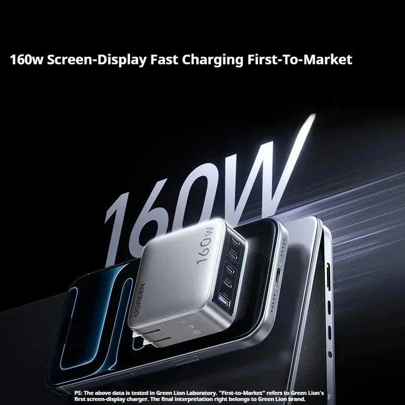 Powerful UGREEN 160W GaN fast charger with PD3.1 and smart display, ideal for phones, tablets, and laptops.
