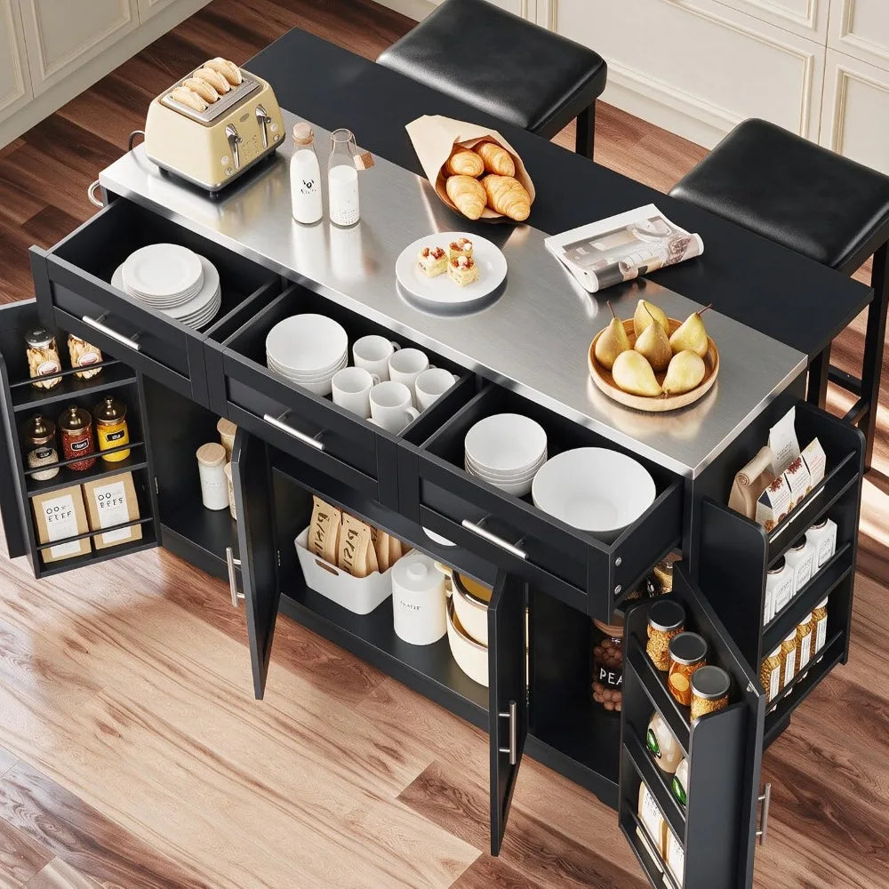 71" Kitchen Island with Seating, Folding Drop Leaf, and Stainless Steel Countertop