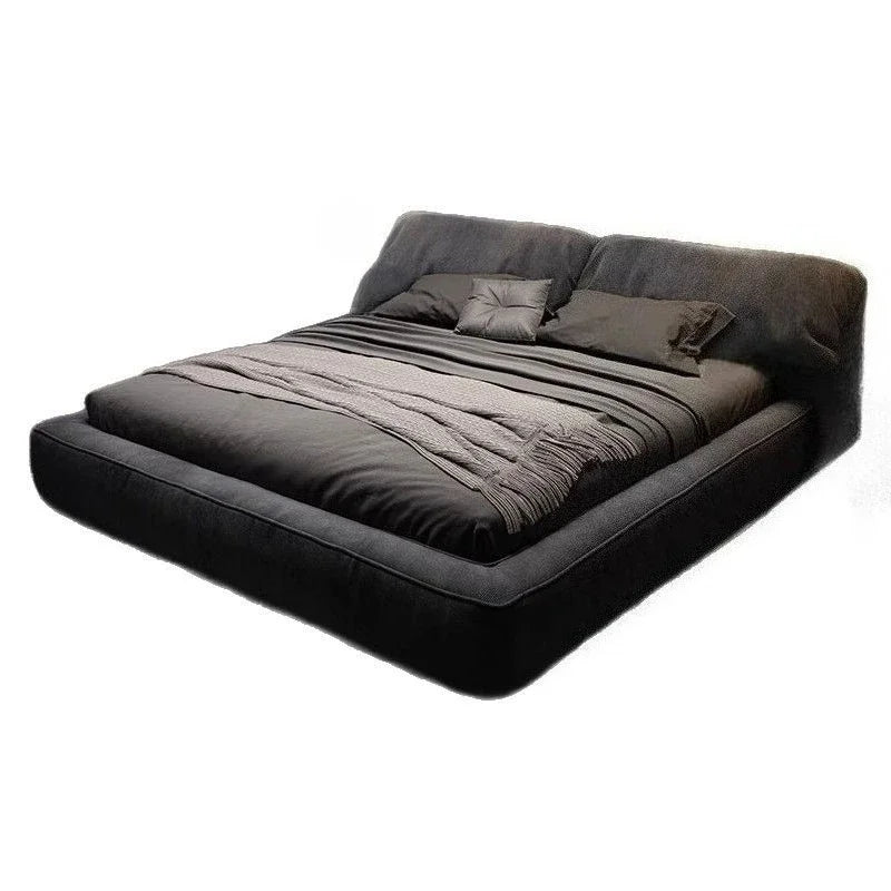 Modern Upholstered Queen Bed Frame – Cream & Black Coffee Soft Fabric Platform Bed
