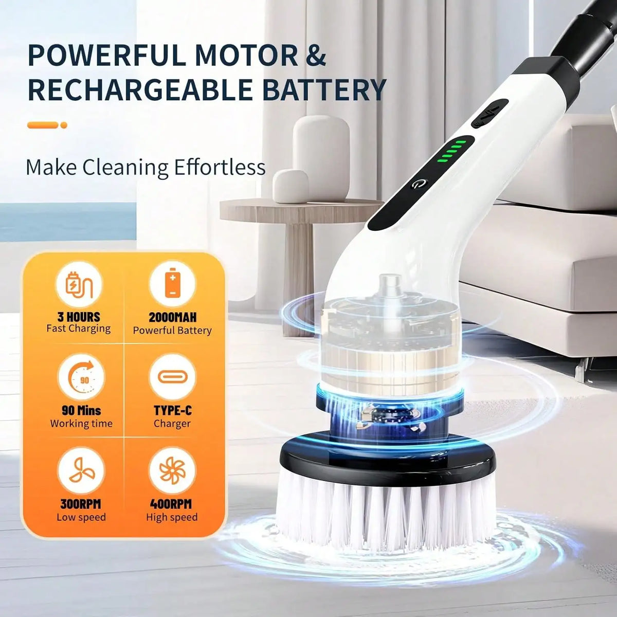 Rechargeable electric rotary scrubber with 9 brush heads, 2 speeds, adjustable handle, and waterproof design for easy cleaning.