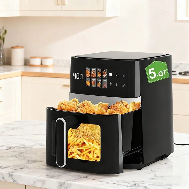 Large Capacity Air Fryer with Visual Window, Fully Automatic, Safe Anti-Scald Handle for Healthy Cooking.